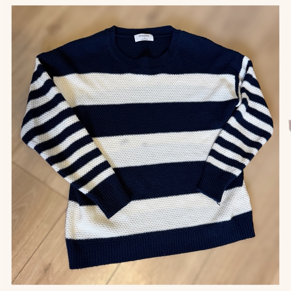 2/$20 SALE! Zenana Outfitters Navy and White Striped Crewneck Sweater - Picture 2 of 5